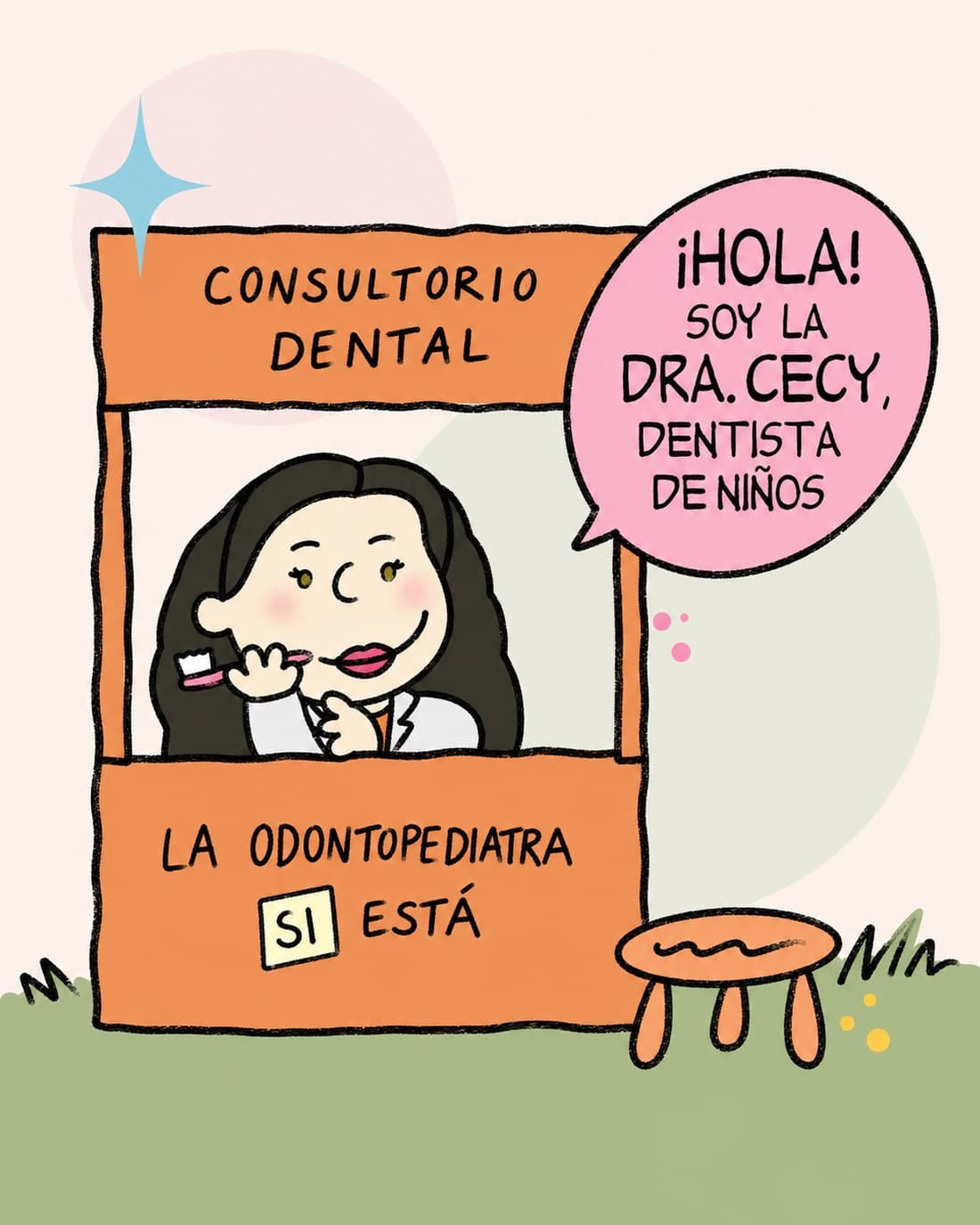 La Dra. Cecy asomada en su consultorio dental, saludando